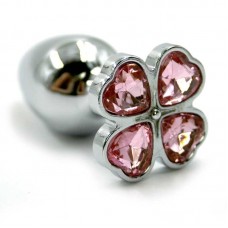 Серебряная анальная пробка из алюминия со светло-розовыми кристаллами в форме цветка (Small)