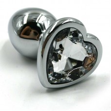 Серебряная анальная пробка из алюминия с прозрачным кристаллом в форме сердца (Small)